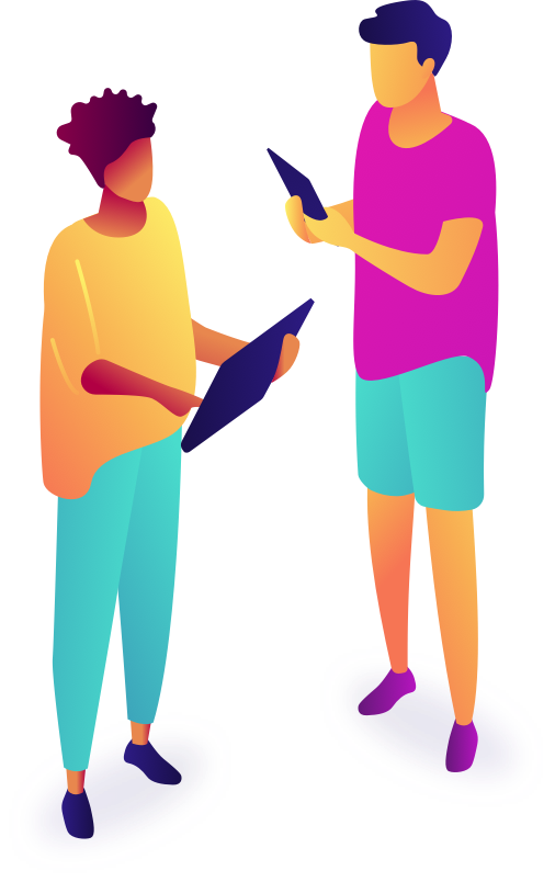 couple people figures looking at portable electronic devices