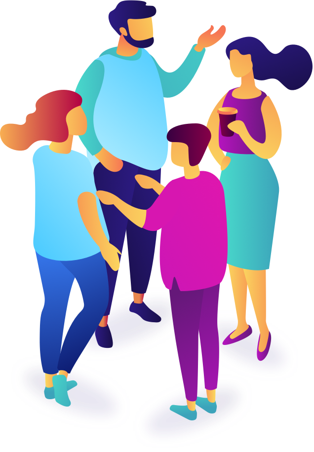 four people figures having a lively conversation in a circle